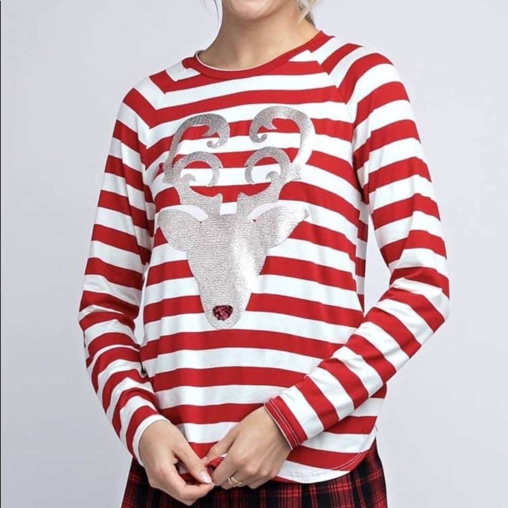 Sequin Reindeer Striped Top
